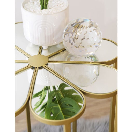 Gold Petal Side End Display Table With Mirrored Top