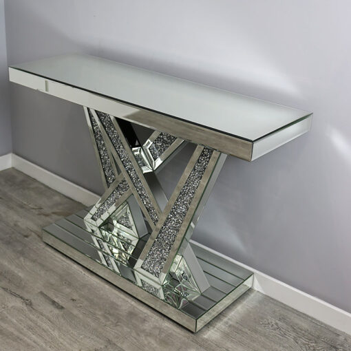 Large Mirrored Glass Lightning Bolt Diamond Crush Console Table