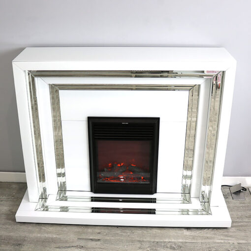 Madison White Large Glossy Glass And Mirror Electric Fireplace Surround