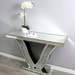 Mirrored Glass Diamond Crush Crystal Wave V Console Table