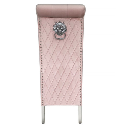 Anne High Back Pink Velvet And Chrome Dining Chair With Lion Knocker