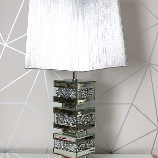 Diamond Crush Mirrored Table Lamp With A Silver Lamp Shade