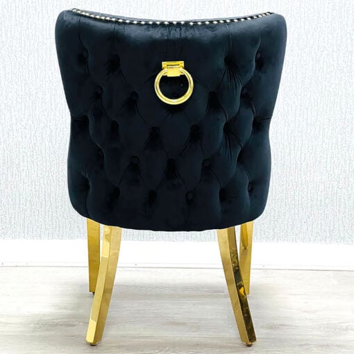 Set Of 2 Diana Wide Black Velvet And Gold Dining Chairs With Ring Knocker