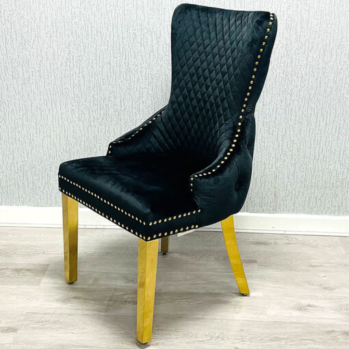 Set Of 2 Elizabeth Black Velvet And Gold Dining Chairs With Ring Knocker