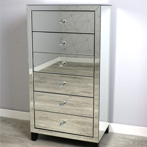 Classic Mirror 6 Drawer Mirrored Glass Tallboy Chest Of Drawers