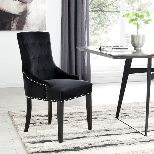 Isabella Black Velvet And Black Wood Dining Chair With Lion Knocker