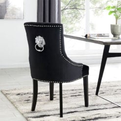 Set Of 2 Isabella Black Velvet And Black Wood Dining Chairs With Lion Knocker