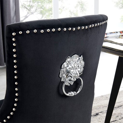 Isabella Black Velvet And Black Wood Dining Chair With Lion Knocker