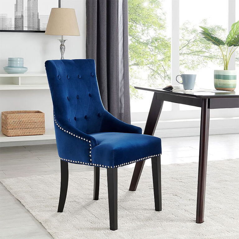Set Of 2 Isabella Blue Velvet And Black Wood Dining Chairs With Lion