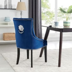 Set Of 2 Isabella Blue Velvet And Black Wood Dining Chairs With Lion Knocker
