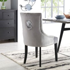 Set Of 2 Isabella Grey Velvet And Black Wood Dining Chairs With Lion Knocker