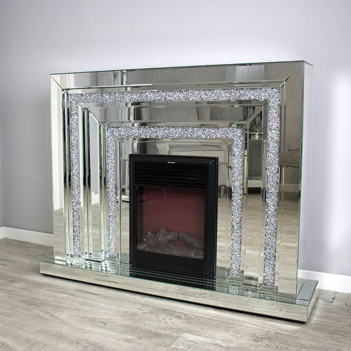 Large Diamond Crush Mirrored Glass Fireplace Electric Fire Surround
