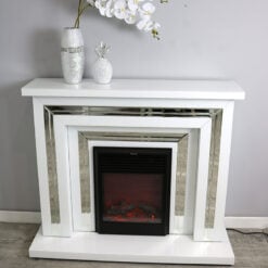 Madison White Small Glossy Glass And Mirror Electric Fireplace Surround