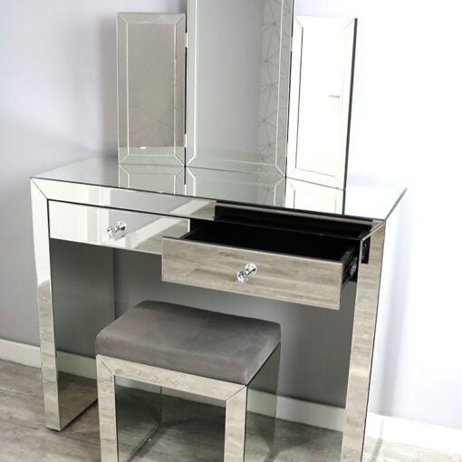 Mirrored Glass Dressing Table Set With Vanity Mirror And Stool