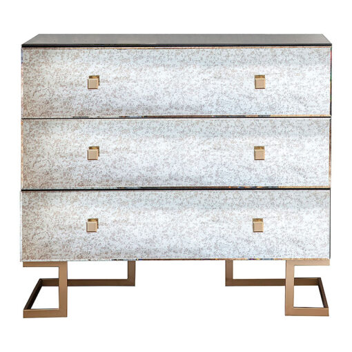 Zara Antiqued Mirrored Glass And Gold Brass 3 Drawer Chest Of Drawers