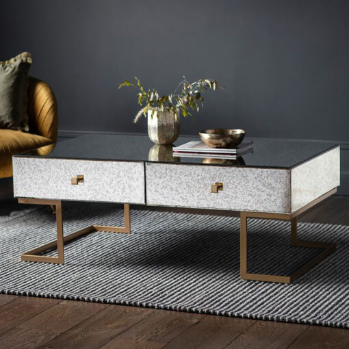 Zara Antiqued Mirrored Glass And Gold Brass 4 Drawer Coffee Table