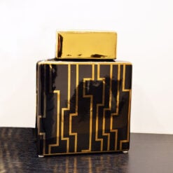 Black And Gold Square Ginger Jar With Lid 21cm