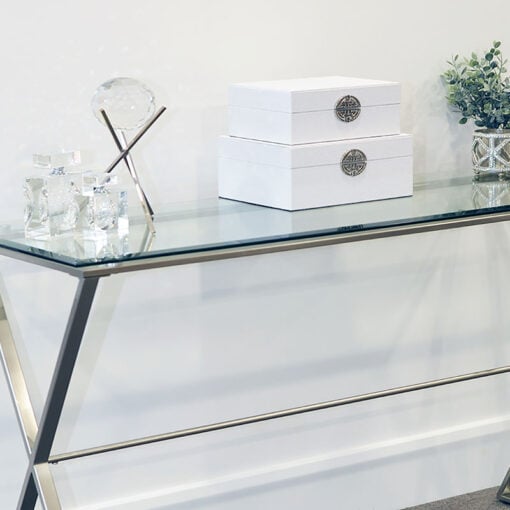 Blair Brushed Steel And Bevelled Glass Desk Console Table