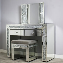 Diamond Crush Mirrored Dressing Table Set With Vanity Mirror And Stool