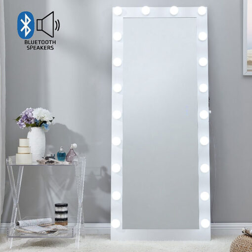Hollywood White Floor Mirror With Bluetooth And 20 Light Bulbs 170cm