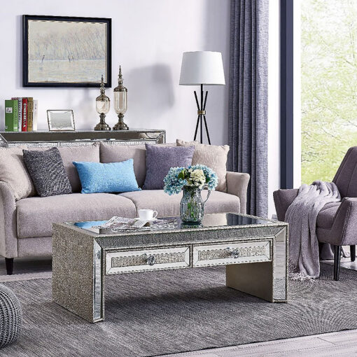 Paris Mirrored Glass Coffee Table With Mock Croc Faux Leather