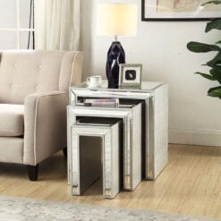 Paris Mirrored Glass Nest Of 3 Side Tables With Mock Croc Faux Leather