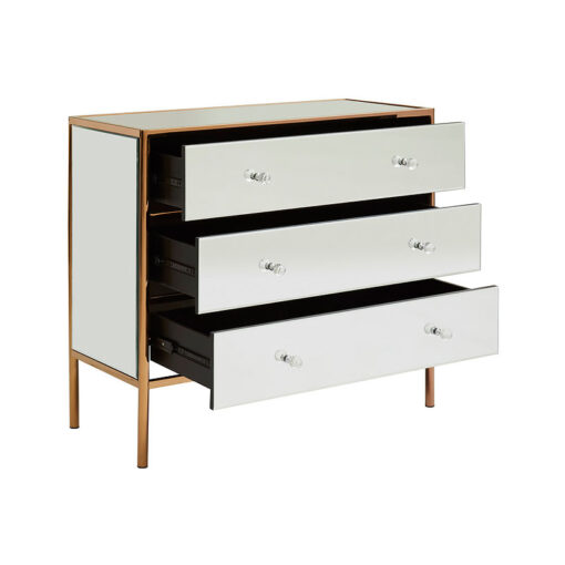 Sydney Mirrored Glass And Rose Gold Metal 3 Drawer Chest Of Drawers