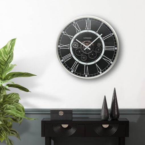 Black And Silver Visible Moving Gears Wall Clock 53cm