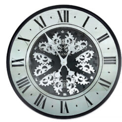 Black Metal And Mirrored Glass Visible Moving Gears Wall Clock 60cm
