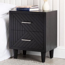 Charlotte Black Wood 2 Drawer Bedside Cabinet With Chevron Pattern