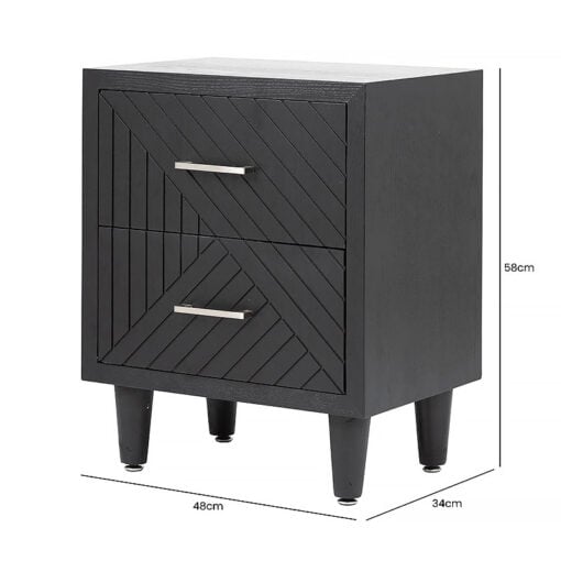 Charlotte Black Wood 2 Drawer Bedside Cabinet With Chevron Pattern