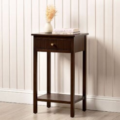 Ebony Walnut Brown Wood 1 Drawer Side End Table With Gold Handles