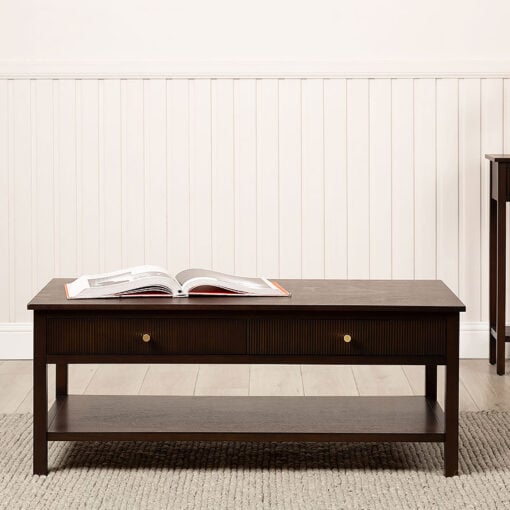 Ebony Walnut Brown Wood 2 Drawer Coffee Table With Gold Handles