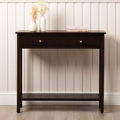 Ebony Walnut Brown Wood 2 Drawer Console Table With Gold Handles 