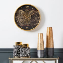 Gold And Black Visible Moving Gears Wall Clock With Globe Design 46cm