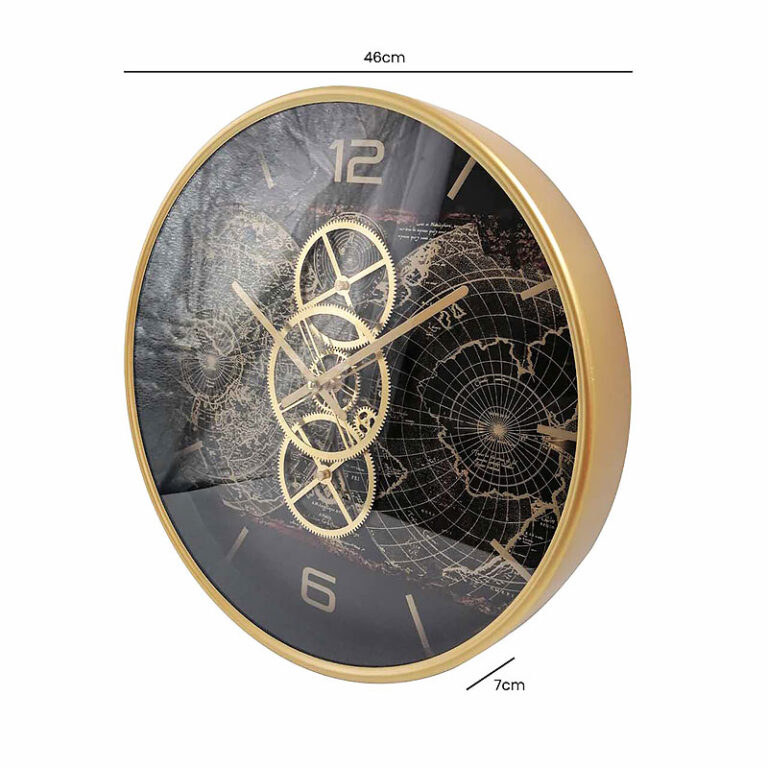 Gold And Black Visible Moving Gears Wall Clock With Globe Design 46cm ...