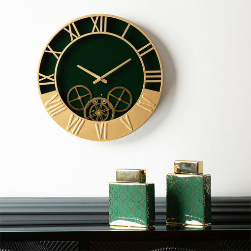 Gold And Dark Green Visible Moving Gears Wall Clock 52cm
