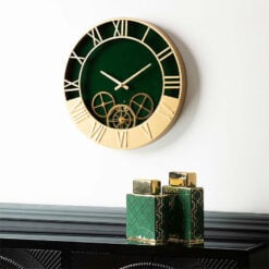 Gold And Dark Green Visible Moving Gears Wall Clock 52cm