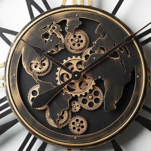 Large Black And Gold Skeleton Visible Moving Gears Wall Clock 80cm