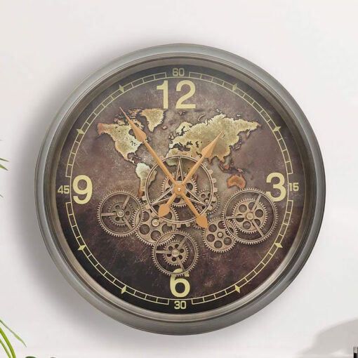 Large Coffee Brown Visible Moving Gears Wall Clock 62cm