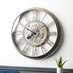 Large Silver Skeleton Visible Moving Gears Wall Clock 85cm