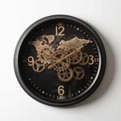 Large World Map Black And Gold Visible Moving Gears Wall Clock 62cm