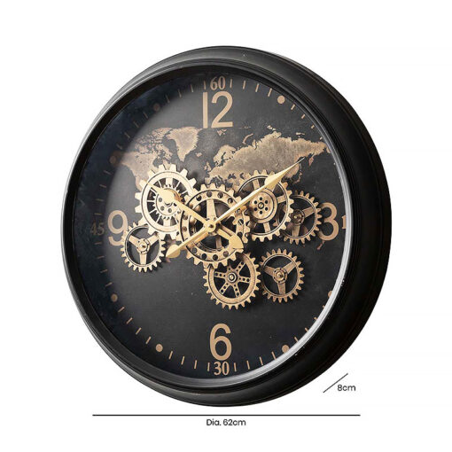 Large World Map Black And Gold Visible Moving Gears Wall Clock 62cm