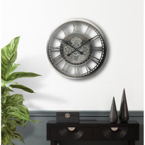 Nickel Silver Skeleton Visible Moving Gears Wall Clock 53cm