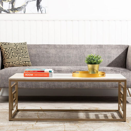 Olympia Gold Metal And Cream White Faux Concrete Coffee Table