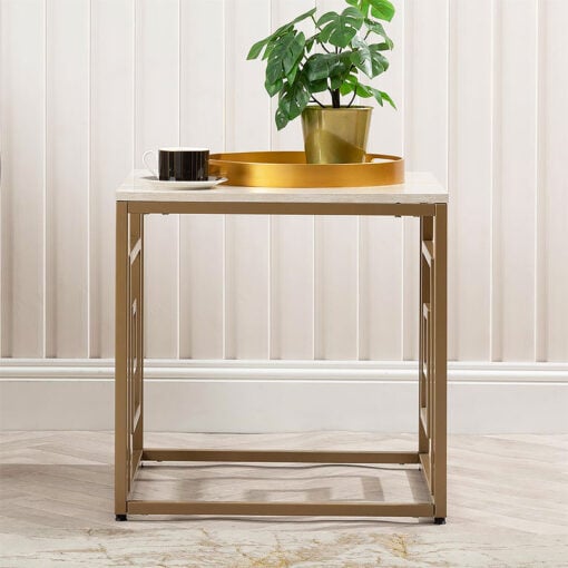 Olympia Gold Metal And Cream White Faux Concrete Side Table