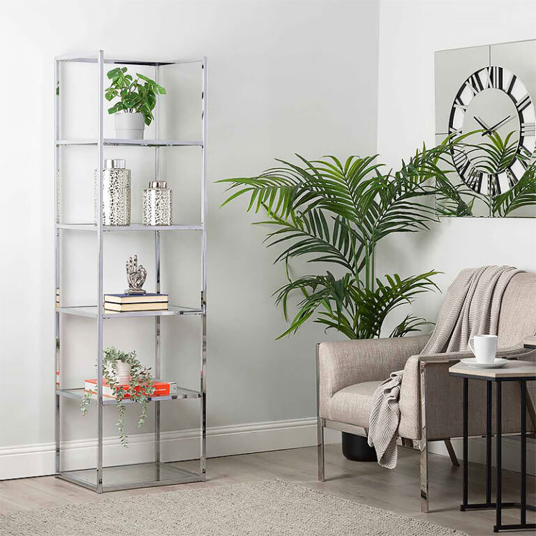 Otis Chrome Metal and Clear Glass Shelving Unit Display Unit 189cm ...