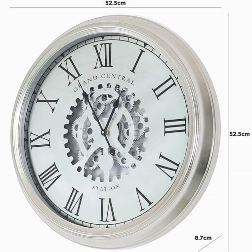 Silver Visible Moving Gears Wall Clock With Roman Numerals 52cm