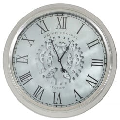 Silver Visible Moving Gears Wall Clock With Roman Numerals 52cm