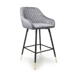 Bryce Brushed Grey Velvet Bar Stool With Black And Gold Legs